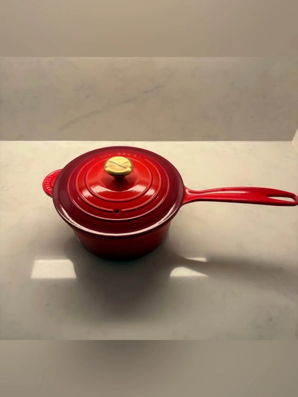 Le Creuset Red Signature Sauce Pan 2.25 quart with custom gold knob